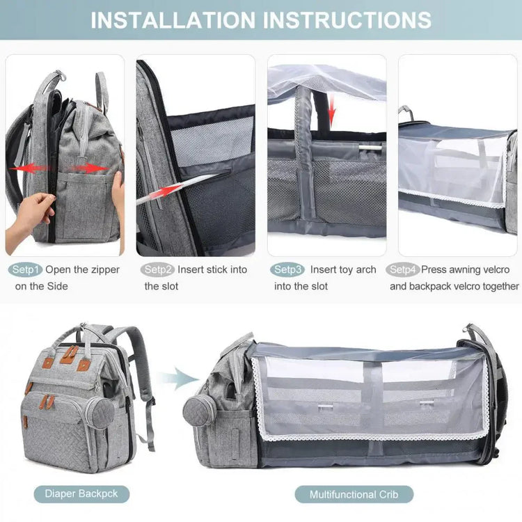 Multifunctional Bed Diaper Backpack Baby Girl Boy Nappy Changing Bag Large Capacity Folding Crib Nursing Mommy Bag for Travel