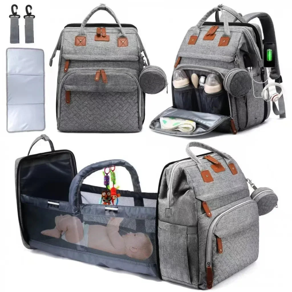 Multifunctional Bed Diaper Backpack Baby Girl Boy Nappy Changing Bag Large Capacity Folding Crib Nursing Mommy Bag for Travel