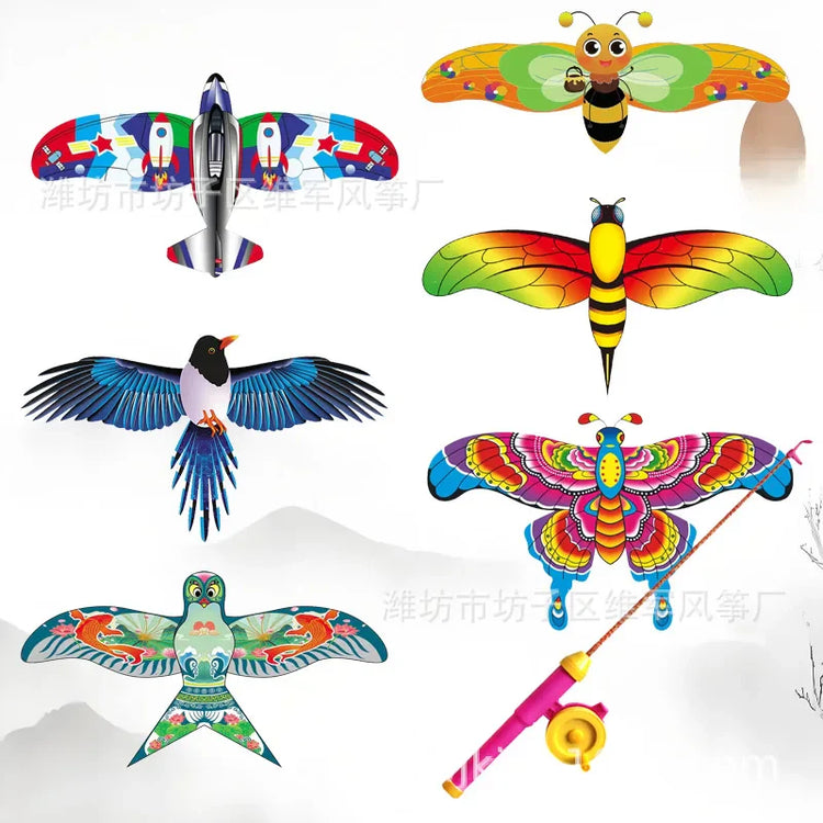 Children Kite Toy Cartoon Eagle Foldable Mini Plastic Toys Kite Hand Brake Fishing Rod Butterflies For Kids Outdoor Toy For Fun
