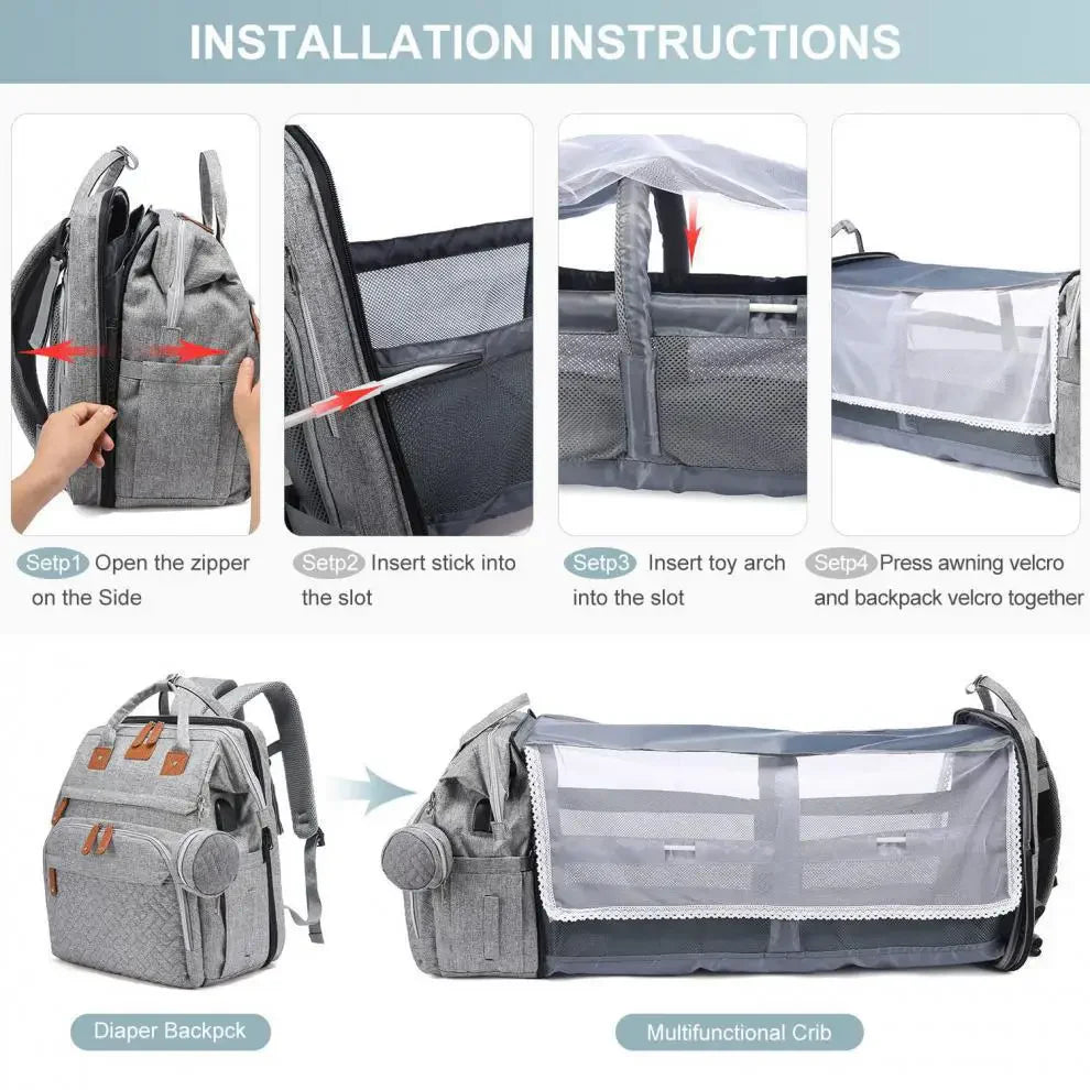 Multifunctional Bed Diaper Backpack Baby Girl Boy Nappy Changing Bag Large Capacity Folding Crib Nursing Mommy Bag for Travel
