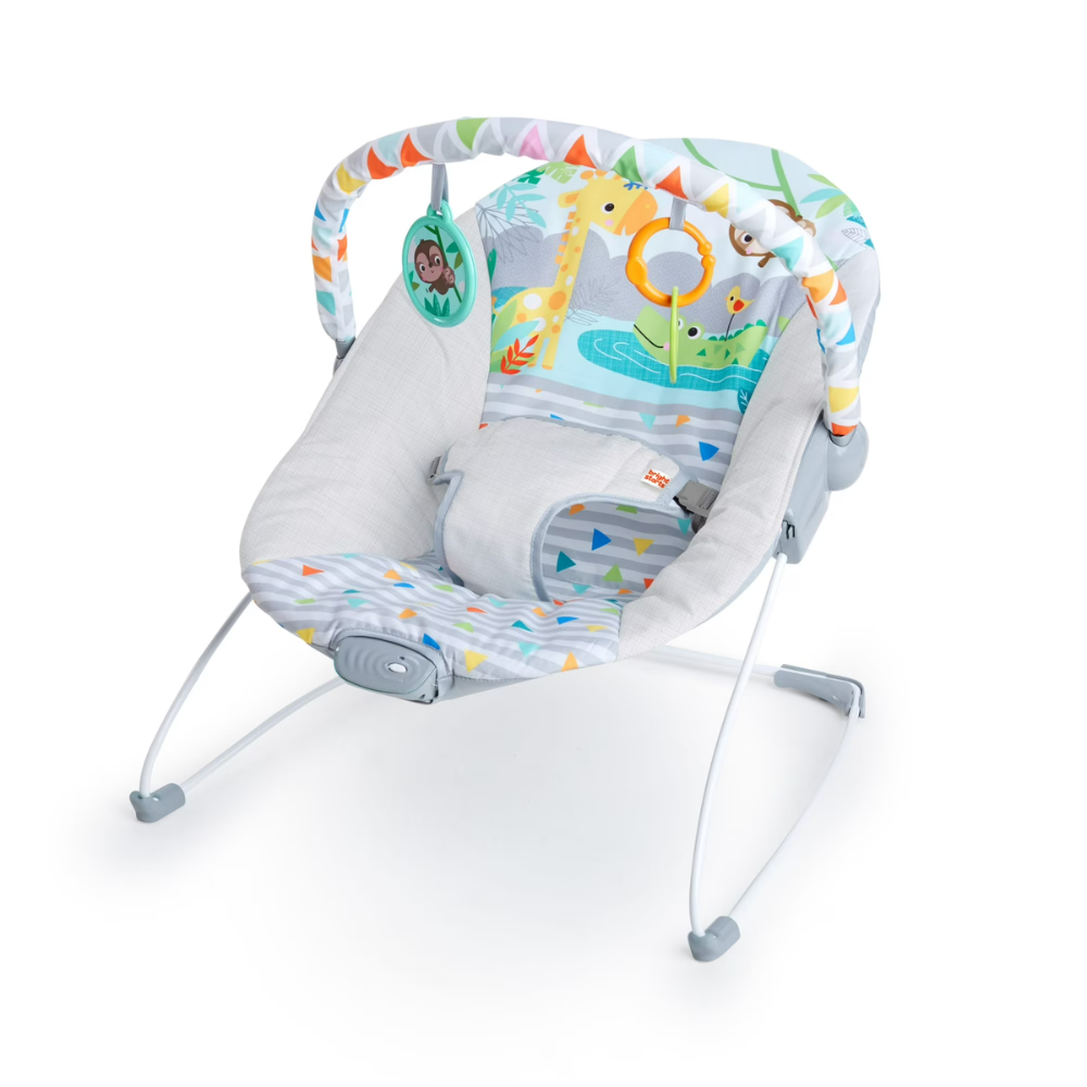 Bright Starts Safari Fun Vibrating Infant Bouncer | Portable Baby Seat With Toys