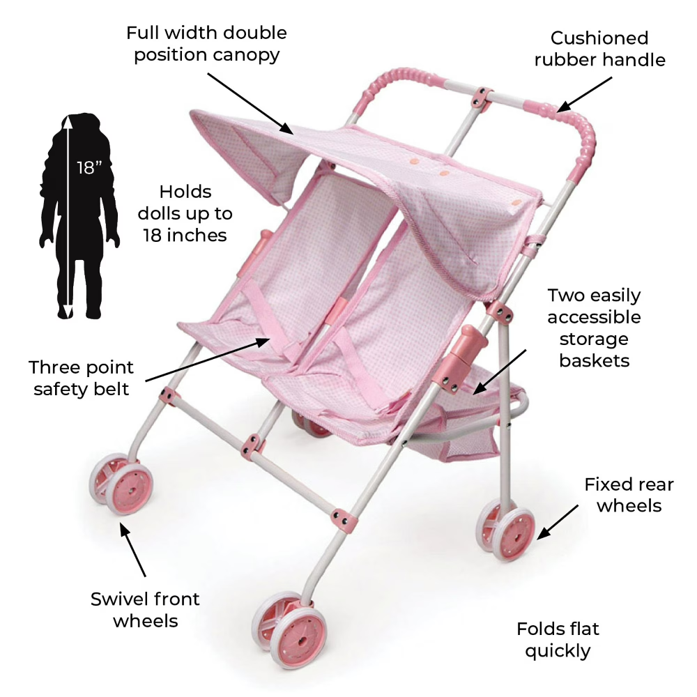 Folding Double Doll Umbrella Stroller for 18 Inch Dolls | Pink Toy Twin Doll Stroller