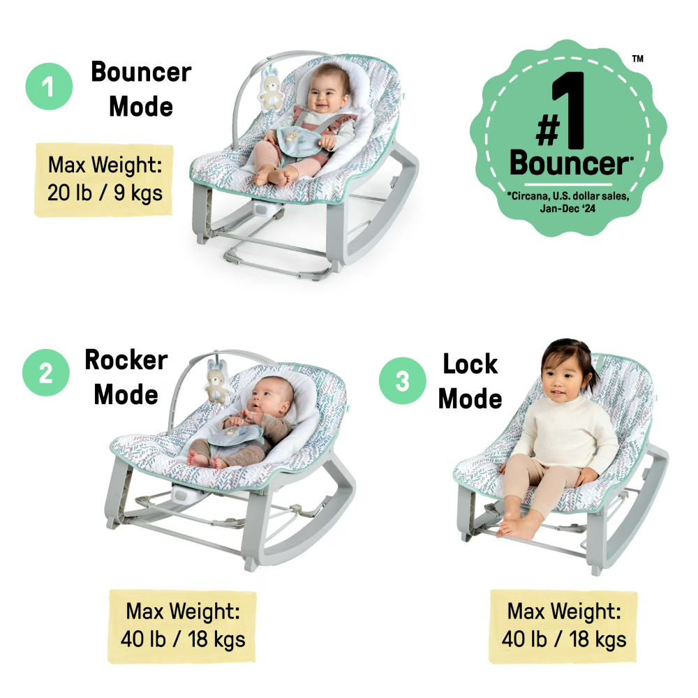 Ingenuity Keep Cozy 3-in-1 Vibrating Infant Toddler Baby Bouncer Rocker Gray Stationary Seat